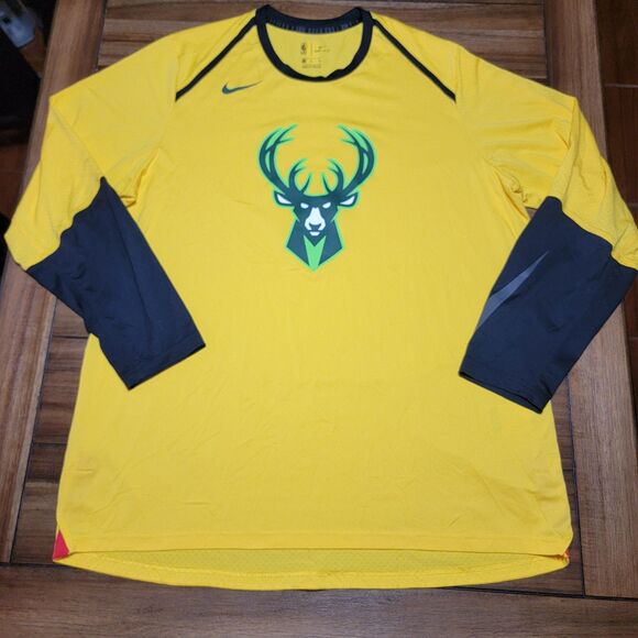 Nike Dri-Fit NBA LS Yellow Milwaukee Bucks Jersey - Size XL - Picture 1 of 7